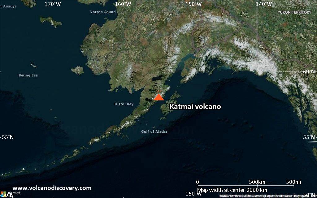 Satellite/aerial-type map of Katmai volcano (region scale large)