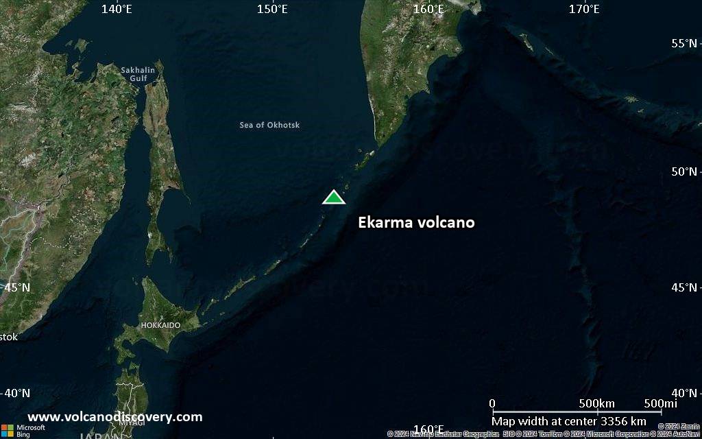 Satellite/aerial-type map of Ekarma volcano (region scale large)