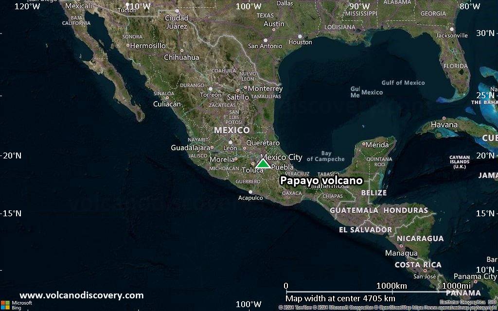 Satellite/aerial-type map of Papayo volcano (region scale large)