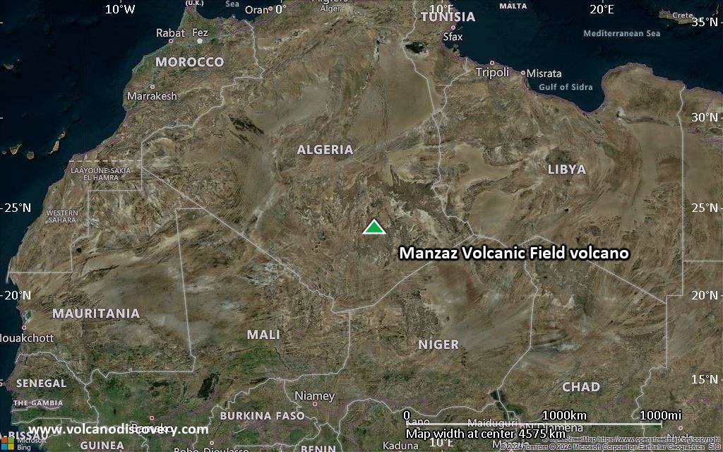 Satellite/aerial-type map of Manzaz Volcanic Field volcano (region scale large)
