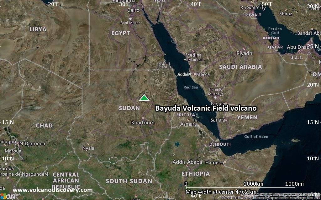 Satellite/aerial-type map of Bayuda Volcanic Field volcano (region scale large)