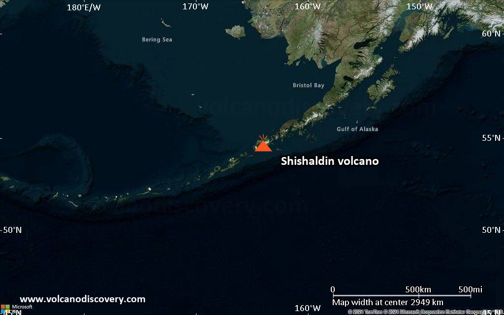 Satellite/aerial-type map of Shishaldin volcano (region scale large)