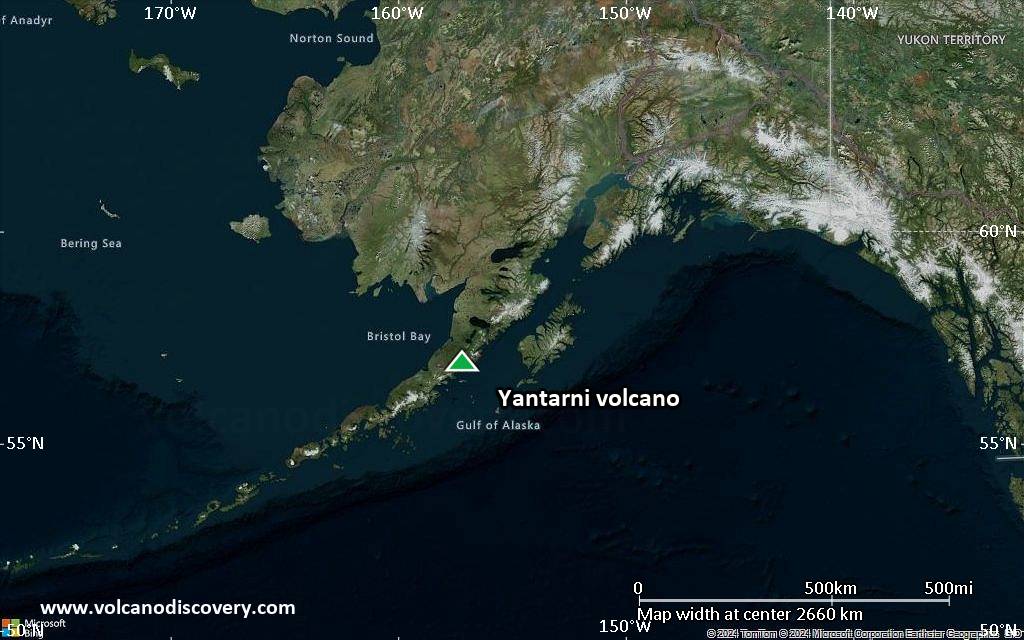 Satellite/aerial-type map of Yantarni volcano (region scale large)