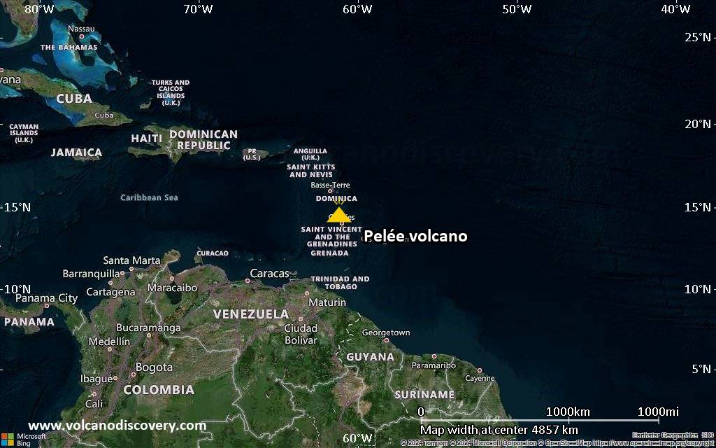 Satellite/aerial-type map of Pelée volcano (region scale large)