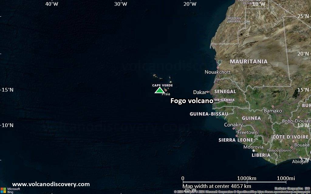 Satellite/aerial-type map of Fogo volcano (region scale large)