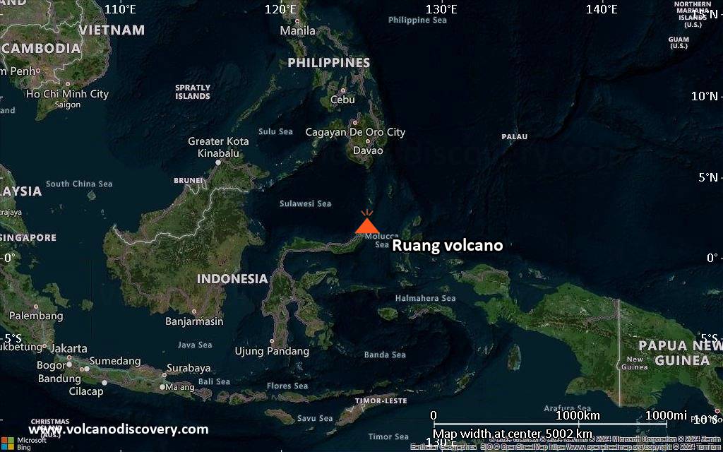 Satellite/aerial-type map of Ruang volcano (region scale large)