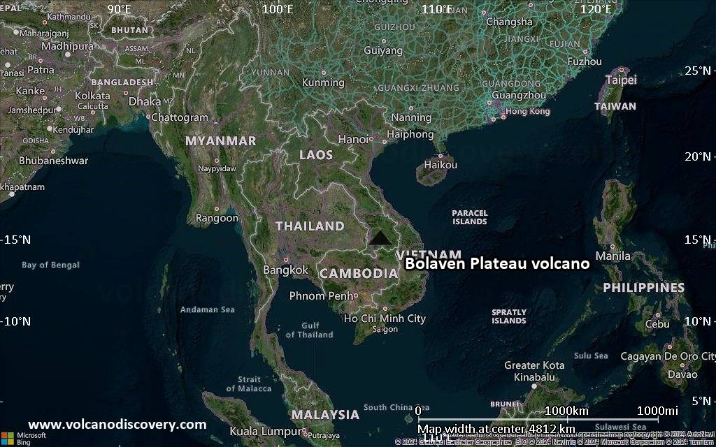 Satellite/aerial-type map of Bolaven Plateau volcano (region scale large)