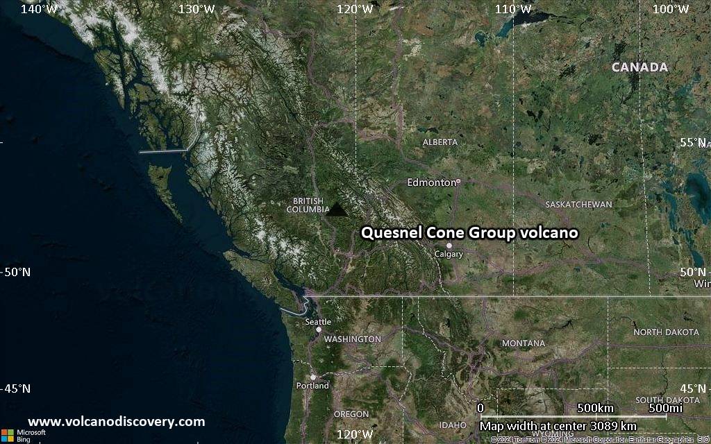 Satellite/aerial-type map of Quesnel Cone Group volcano (region scale large)