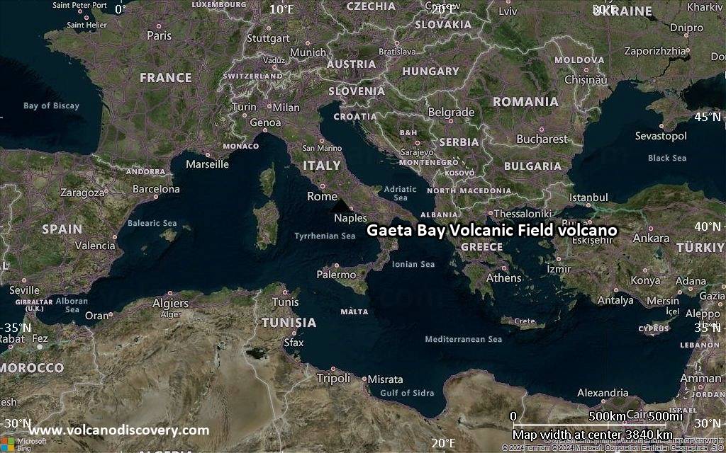 Satellite/aerial-type map of Gaeta Bay Volcanic Field volcano (region scale large)