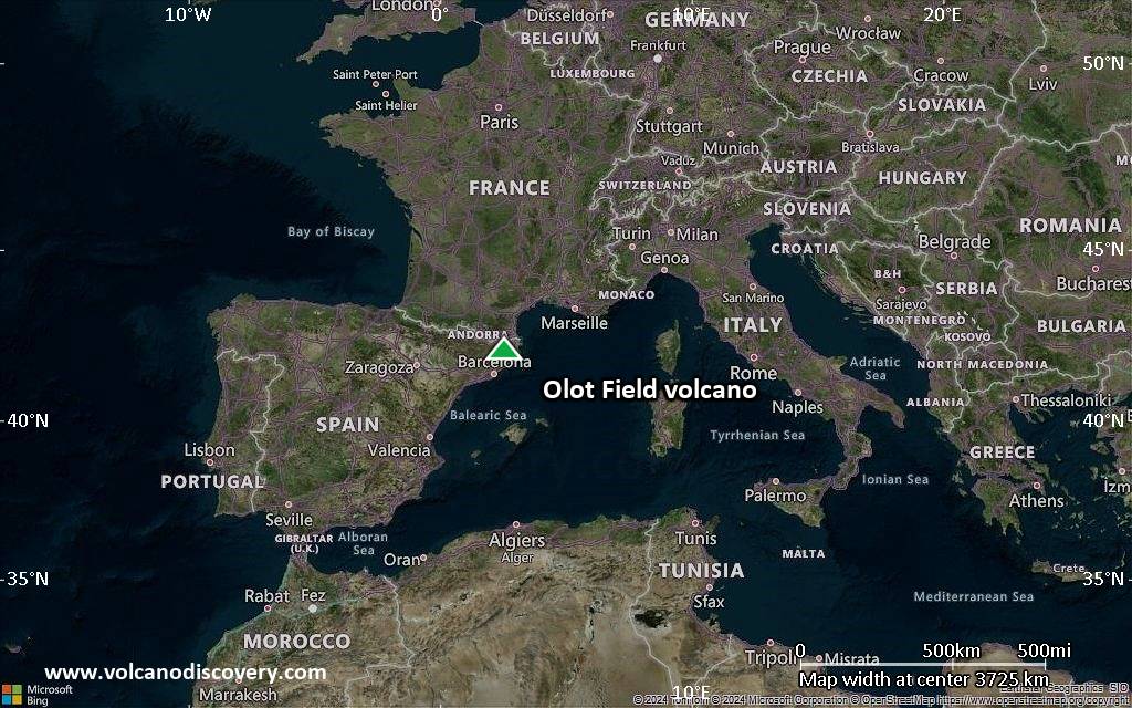 Satellite/aerial-type map of Olot Field volcano (region scale large)