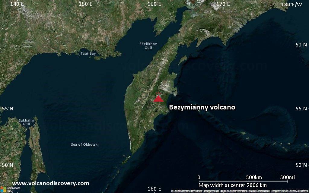 Satellite/aerial-type map of Bezymianny volcano (region scale large)