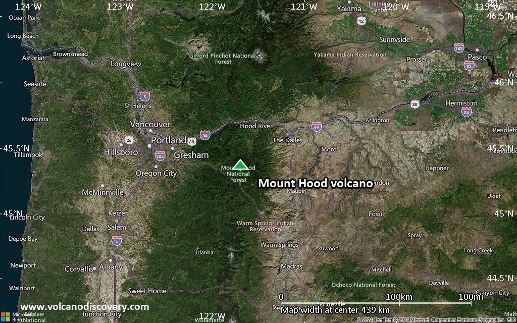 Satellite/aerial-type map of Mount Hood volcano (local scale large)
