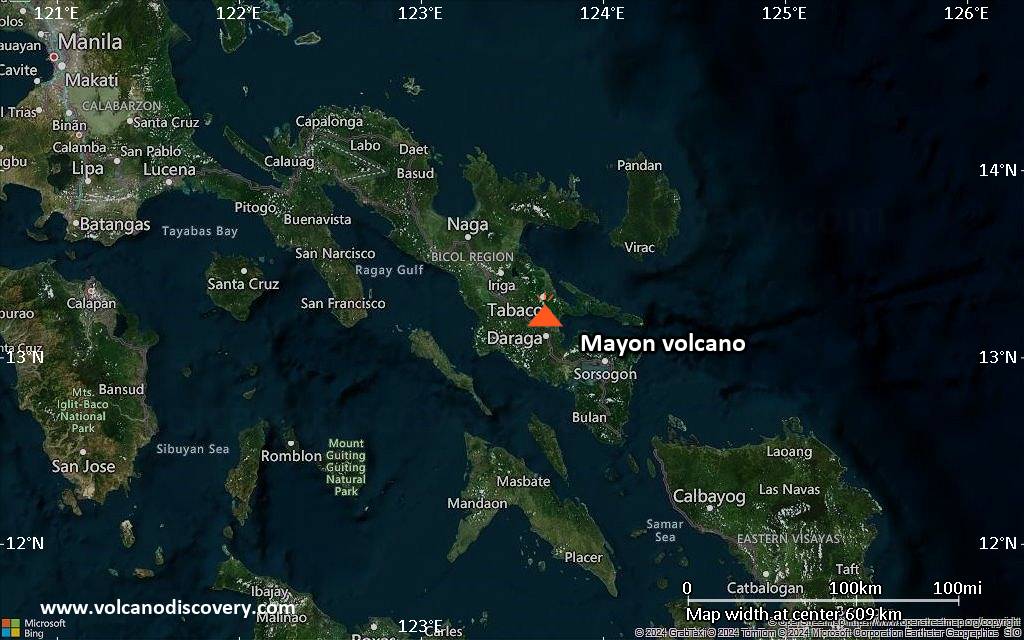 Satellite/aerial-type map of Mayon volcano (local scale large)
