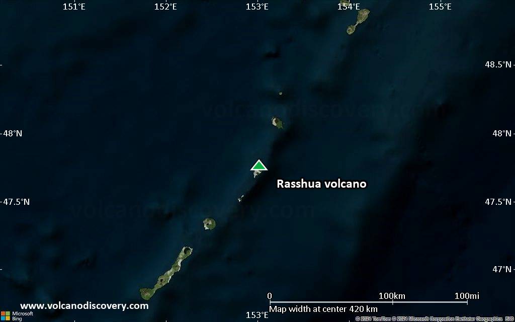 Satellite/aerial-type map of Rasshua volcano (local scale large)