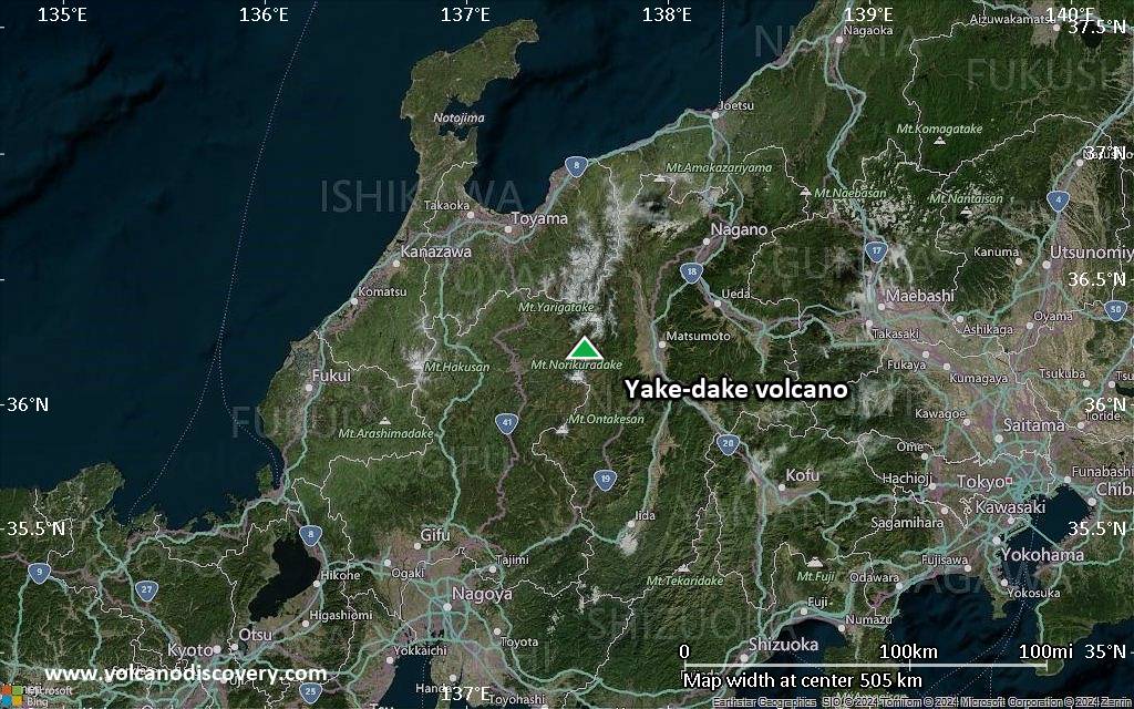 Satellite/aerial-type map of Yake-dake volcano (local scale large)