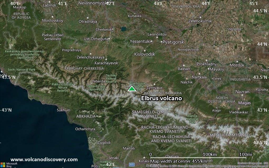 Satellite/aerial-type map of Elbrus volcano (local scale large)