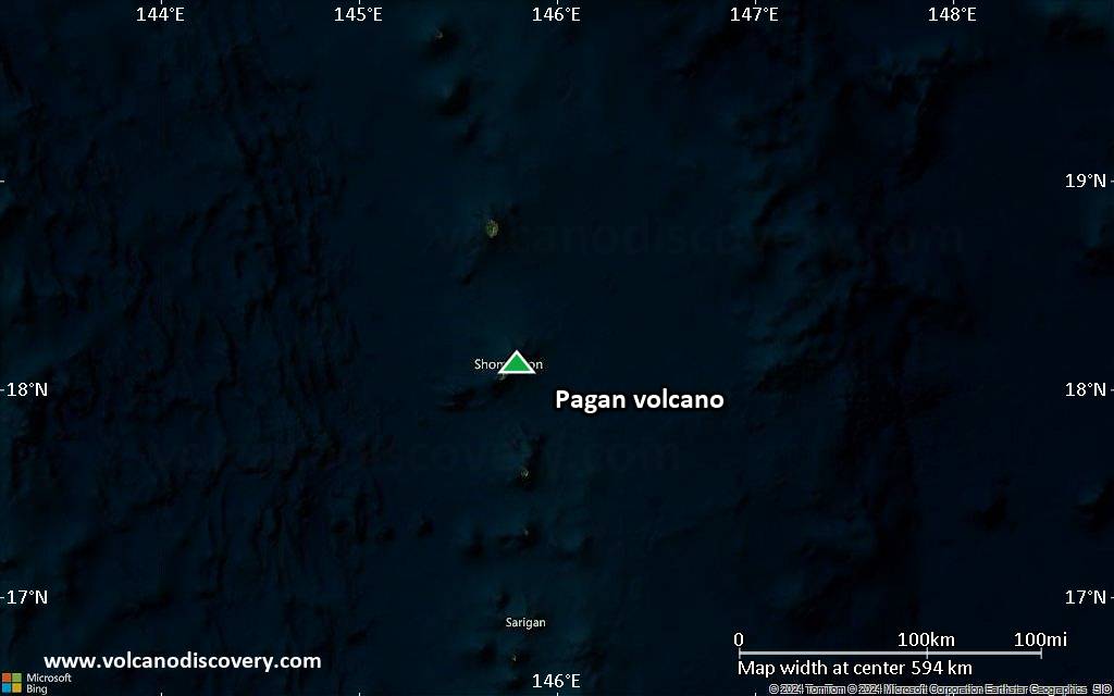 Satellite/aerial-type map of Pagan volcano (local scale large)