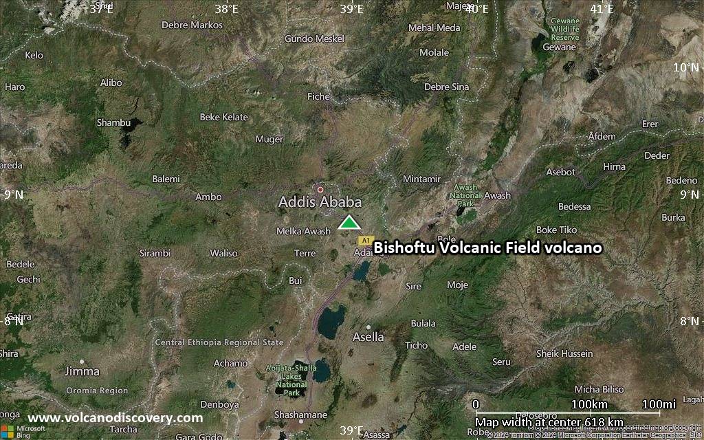 Satellite/aerial-type map of Bishoftu Volcanic Field volcano (local scale large)