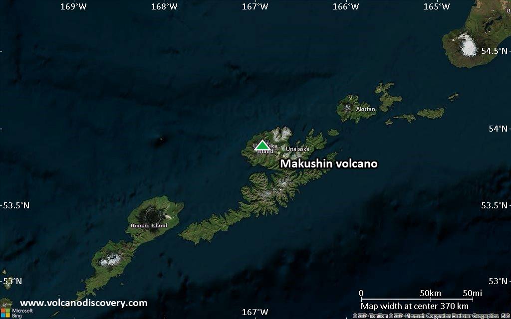 Satellite/aerial-type map of Makushin volcano (local scale large)