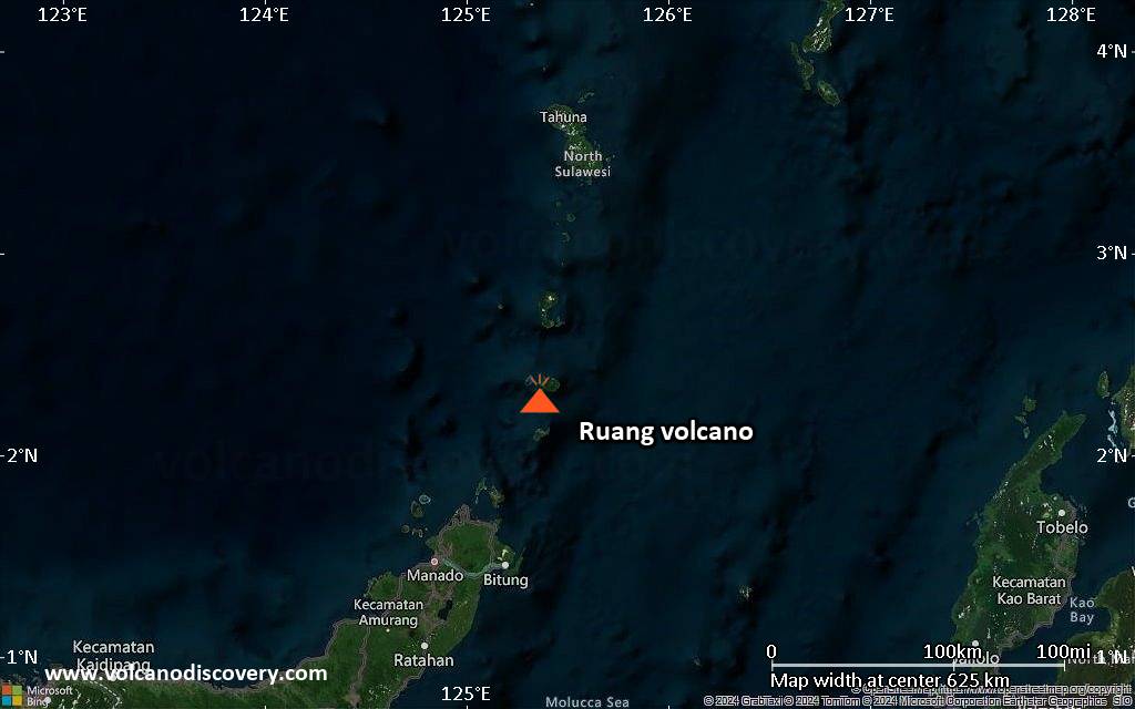 Satellite/aerial-type map of Ruang volcano (local scale large)