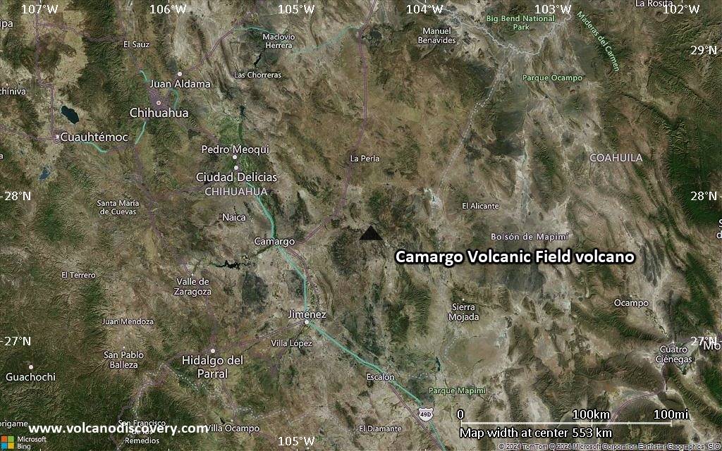 Satellite/aerial-type map of Camargo Volcanic Field volcano (local scale large)
