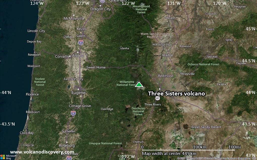 Satellite/aerial-type map of Three Sisters volcano (local scale large)