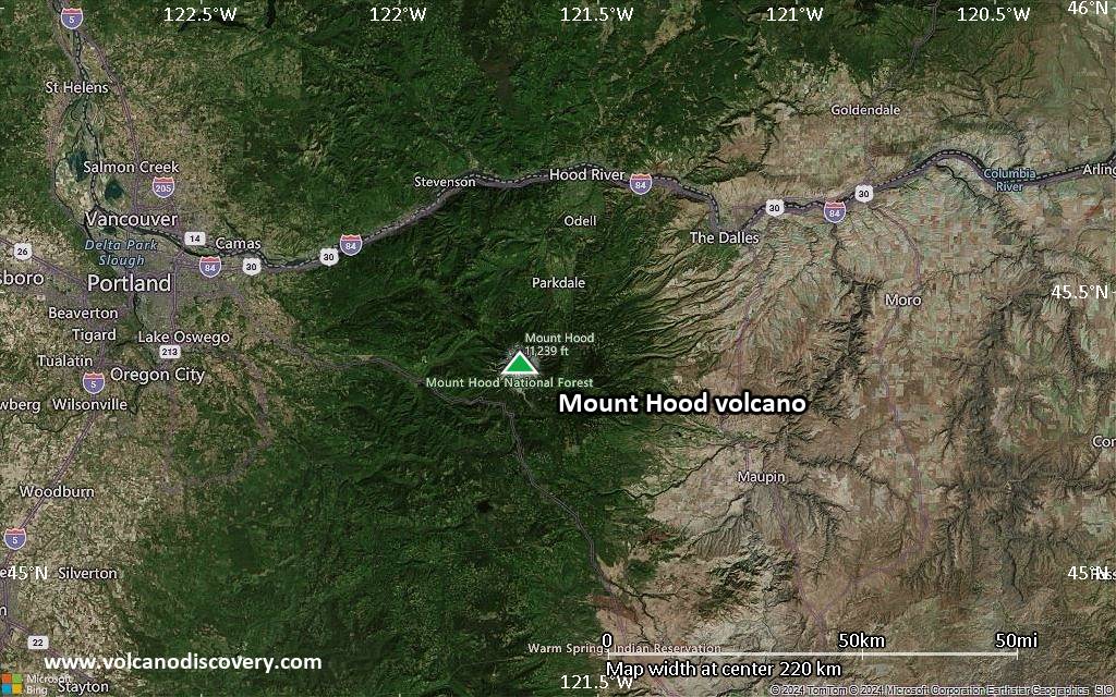 Satellite/aerial-type map of Mount Hood volcano (local scale medium)