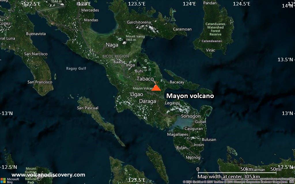Satellite/aerial-type map of Mayon volcano (local scale medium)