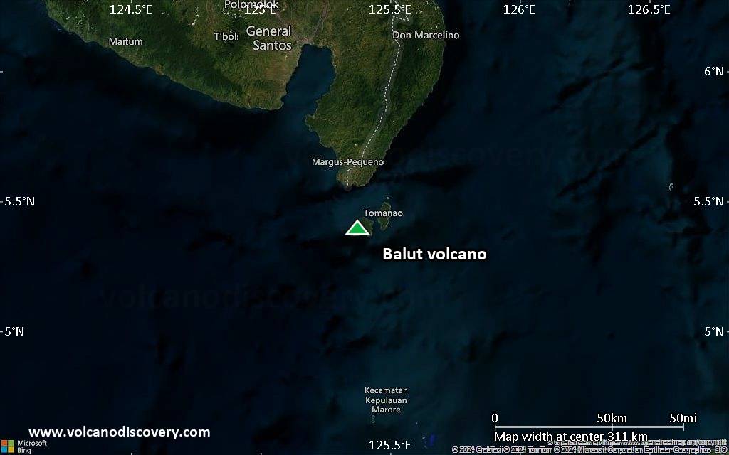 Satellite/aerial-type map of Balut volcano (local scale medium)
