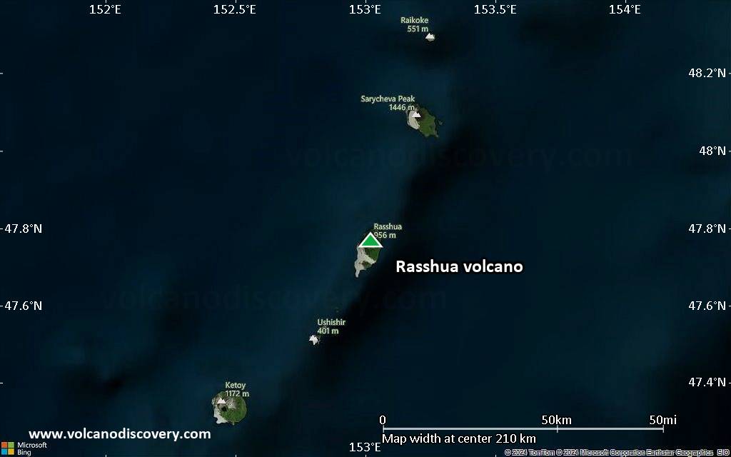 Satellite/aerial-type map of Rasshua volcano (local scale medium)