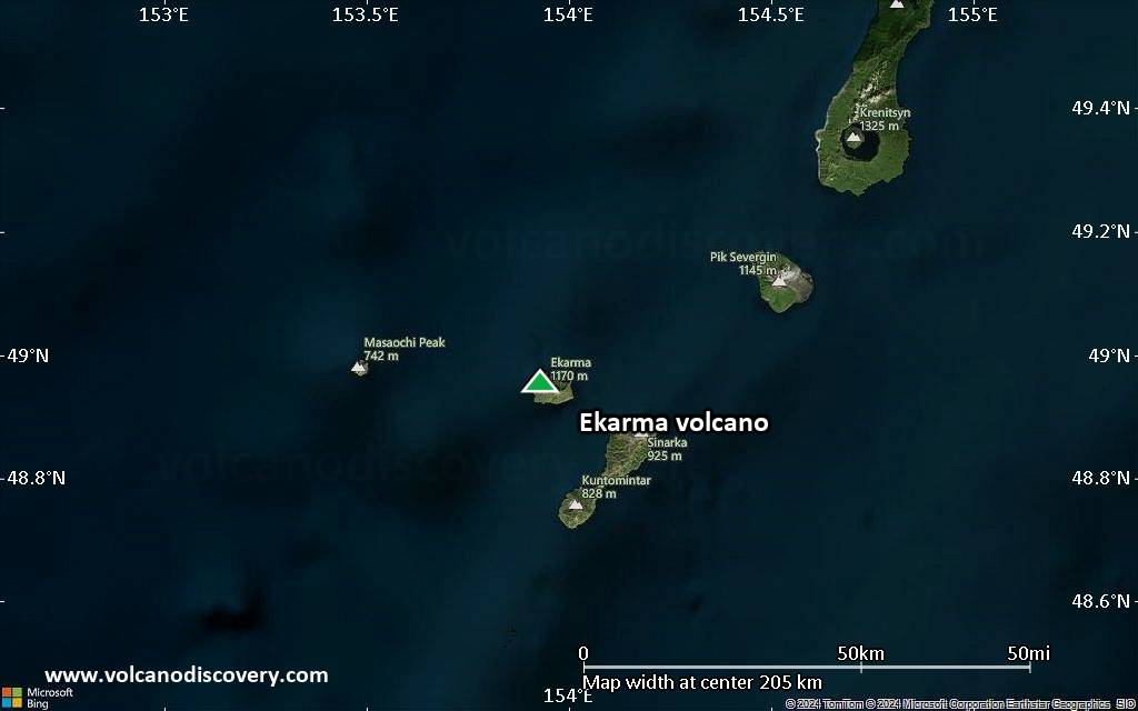 Satellite/aerial-type map of Ekarma volcano (local scale medium)