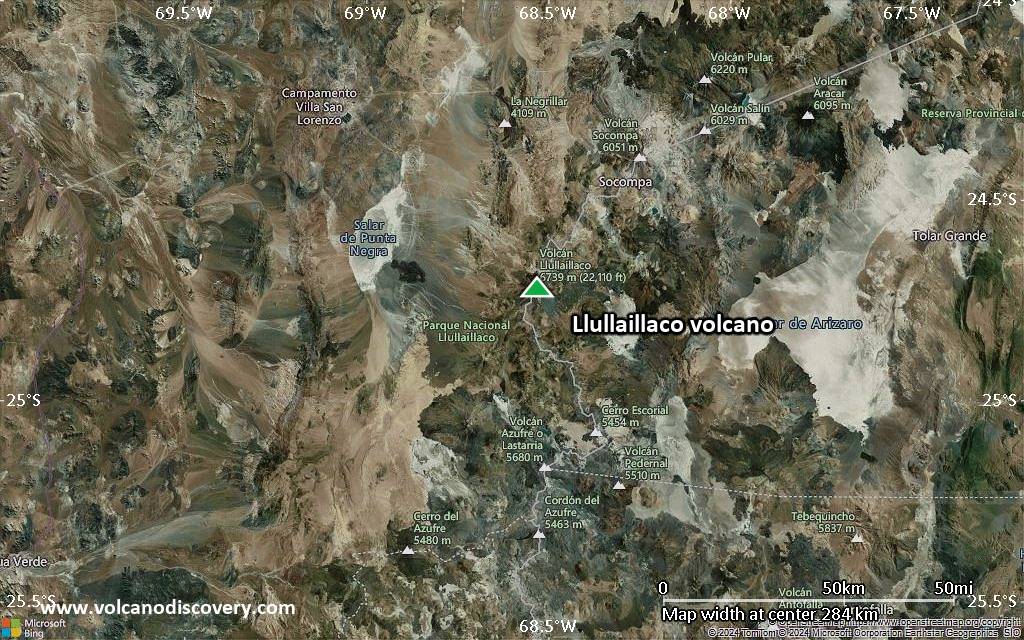 Satellite/aerial-type map of Llullaillaco volcano (local scale medium)