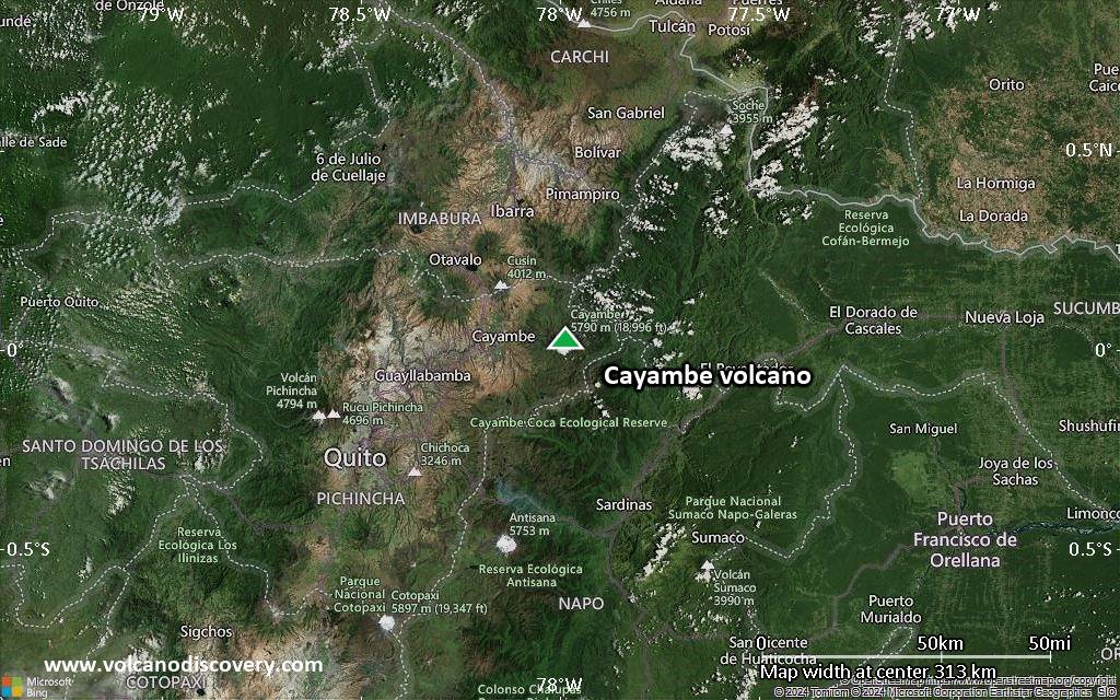 Satellite/aerial-type map of Cayambe volcano (local scale medium)