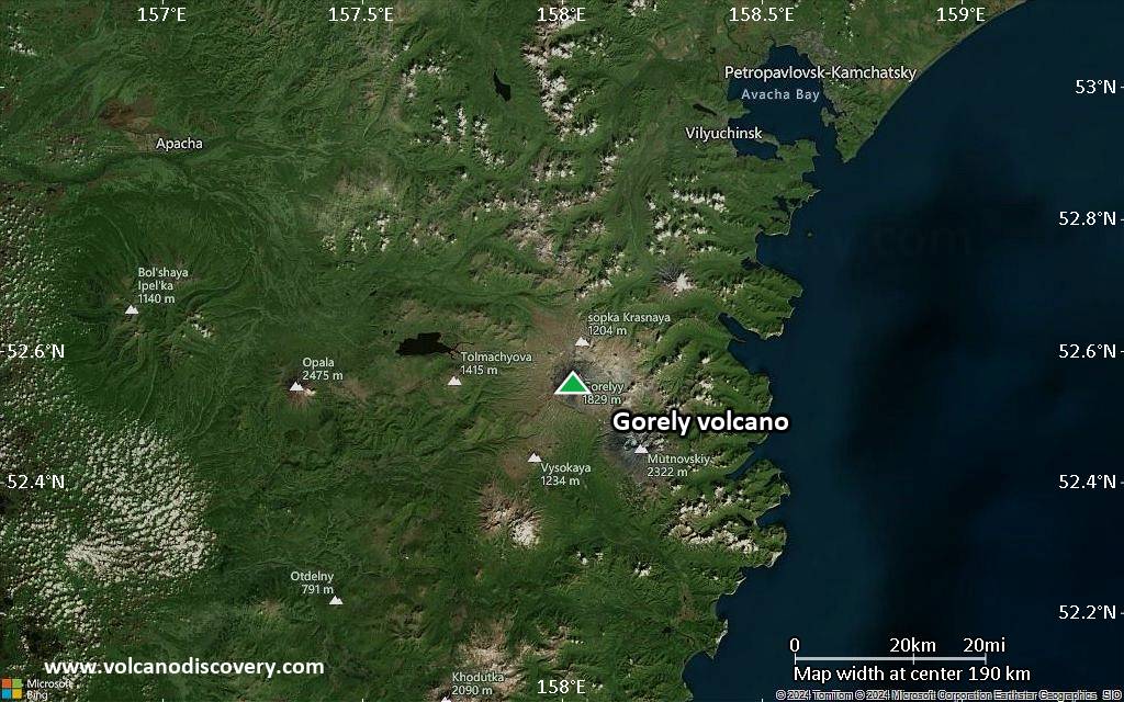 Satellite/aerial-type map of Gorely volcano (local scale medium)