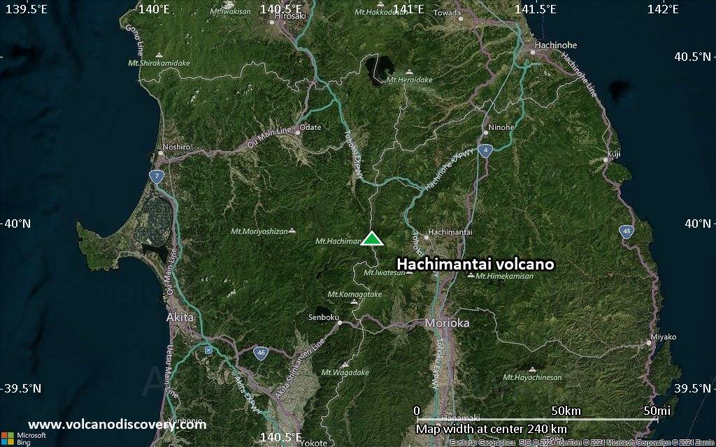 Satellite/aerial-type map of Hachimantai volcano (local scale medium)