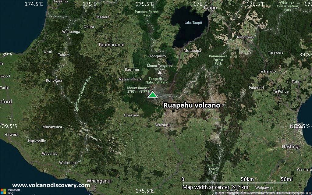 Satellite/aerial-type map of Ruapehu volcano (local scale medium)