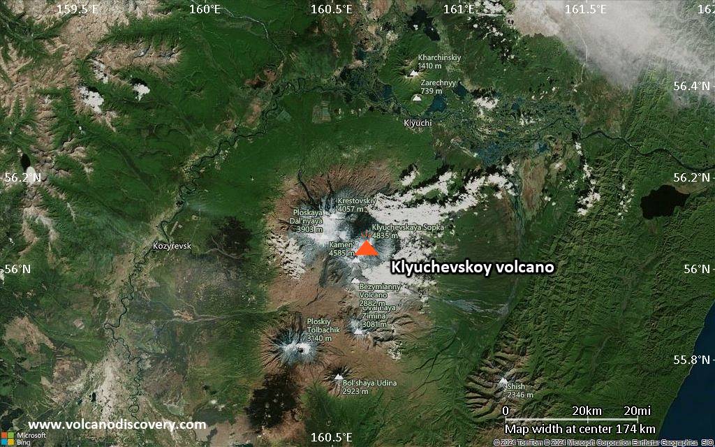 Satellite/aerial-type map of Klyuchevskoy volcano (local scale medium)