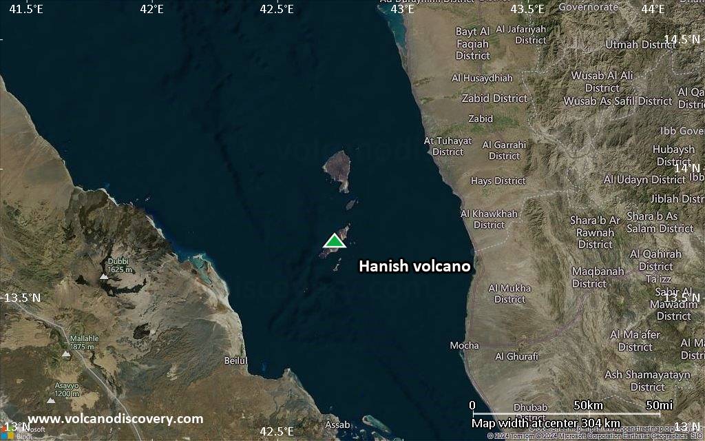 Satellite/aerial-type map of Hanish volcano (local scale medium)