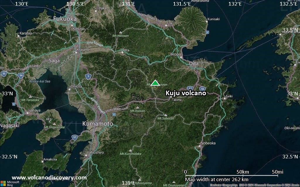 Satellite/aerial-type map of Kuju volcano (local scale medium)
