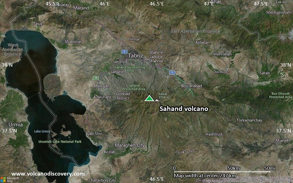 Satellite/aerial-type map of Sahand volcano (local scale medium)