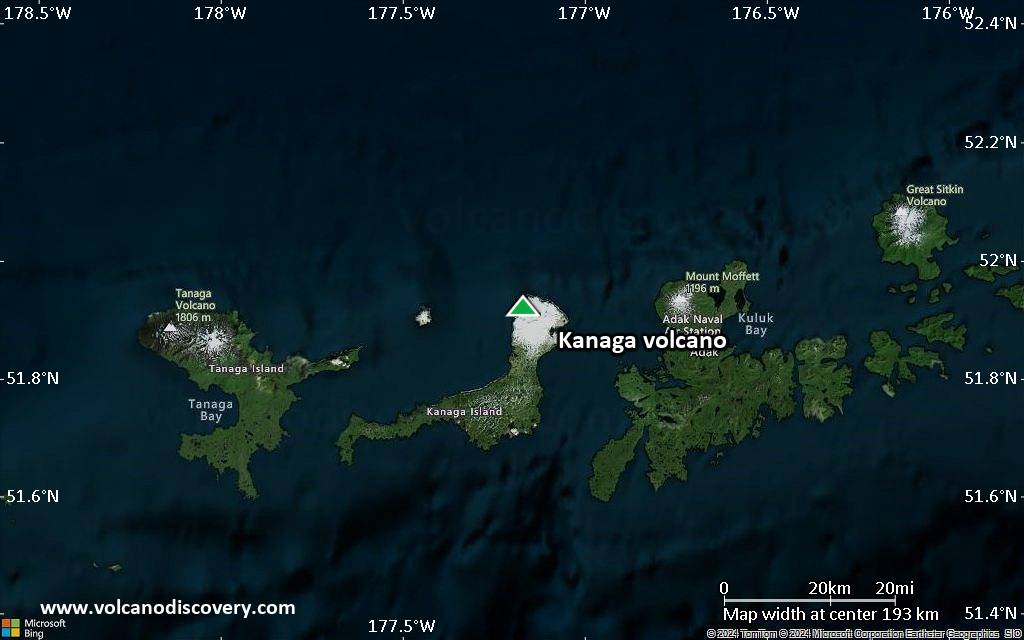 Satellite/aerial-type map of Kanaga volcano (local scale medium)