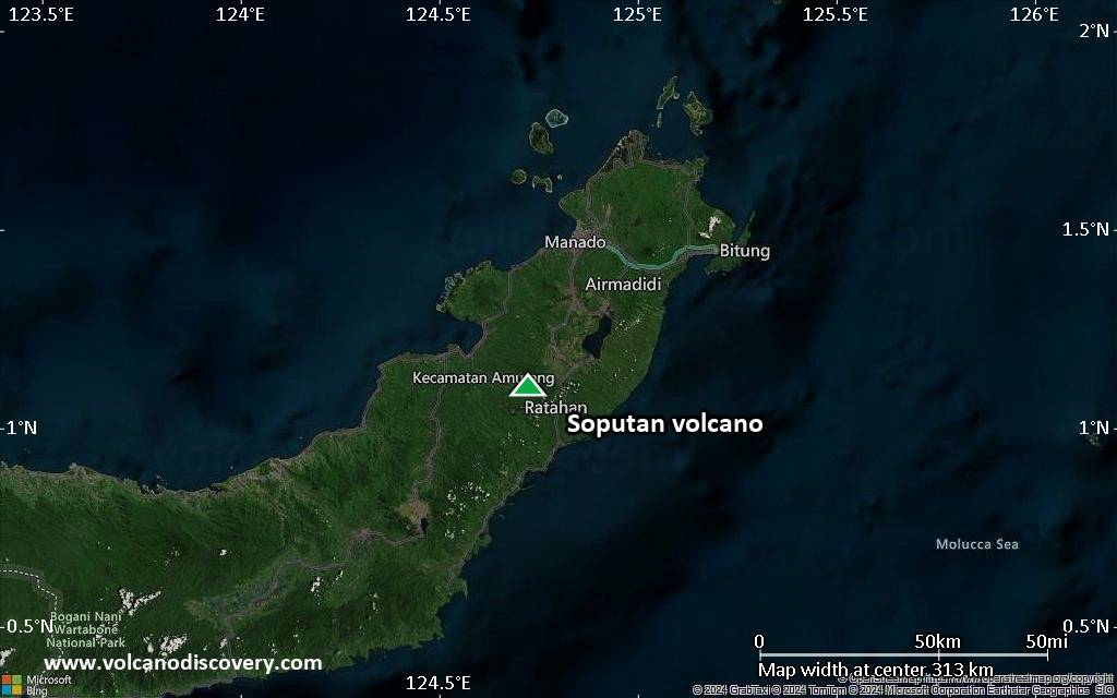 Satellite/aerial-type map of Soputan volcano (local scale medium)