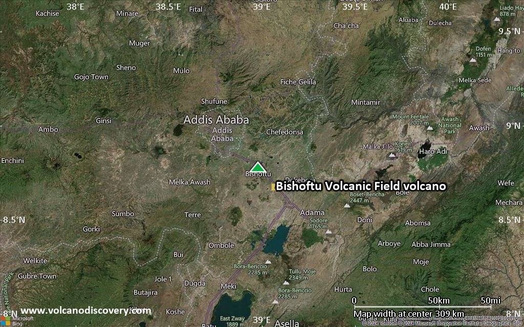 Satellite/aerial-type map of Bishoftu Volcanic Field volcano (local scale medium)