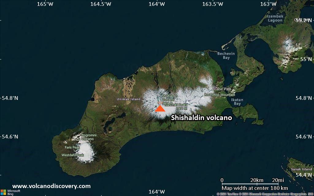 Satellite/aerial-type map of Shishaldin volcano (local scale medium)