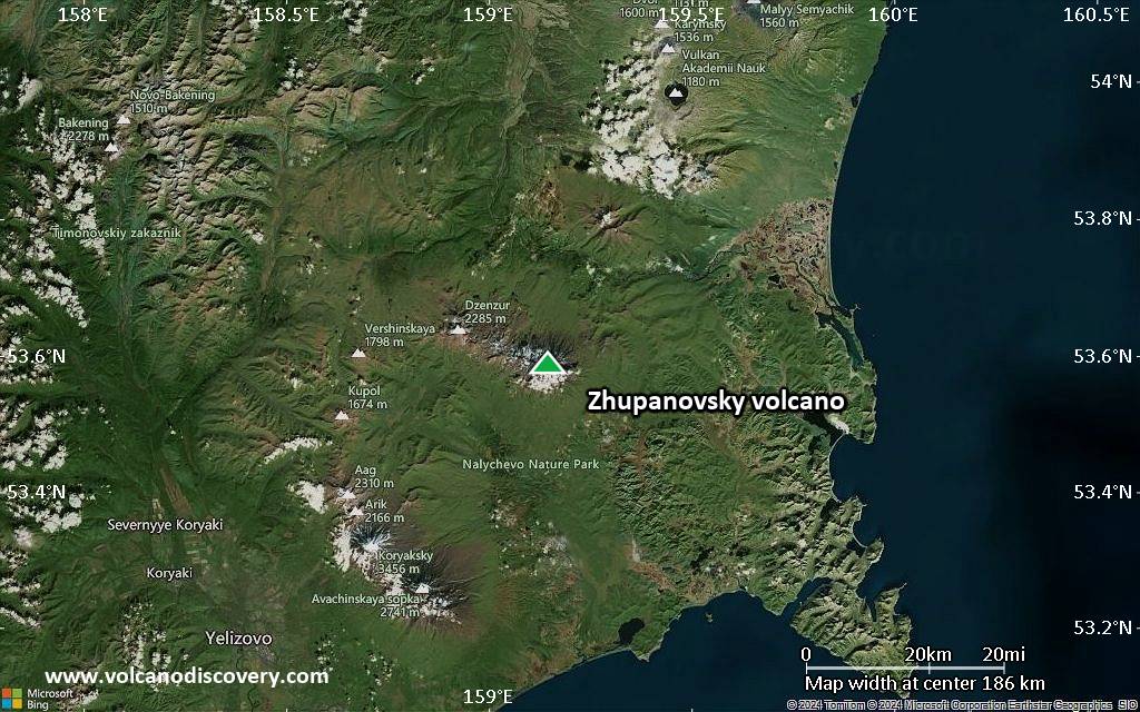 Satellite/aerial-type map of Zhupanovsky volcano (local scale medium)