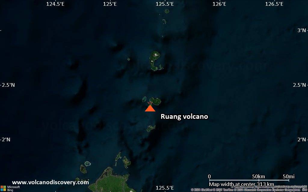 Satellite/aerial-type map of Ruang volcano (local scale medium)