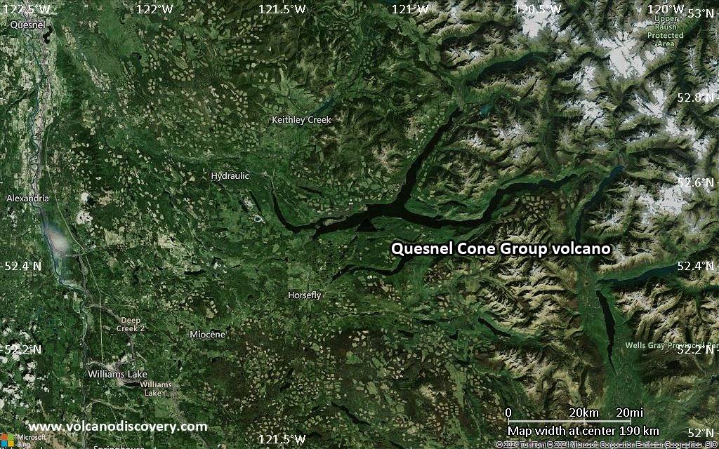 Satellite/aerial-type map of Quesnel Cone Group volcano (local scale medium)