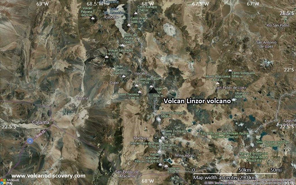 Satellite/aerial-type map of Volcan Linzor volcano (local scale medium)