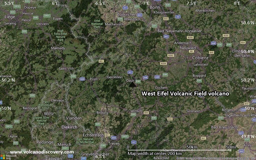 Satellite/aerial-type map of West Eifel Volcanic Field volcano (local scale medium)