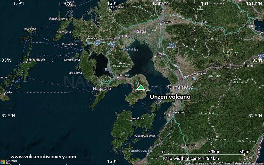 Satellite/aerial-type map of Unzen volcano (local scale medium)